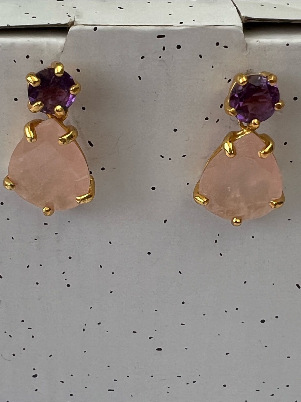 Gold-Plated Pink Rose Quartz & Purple Amethyst Drop Earrings